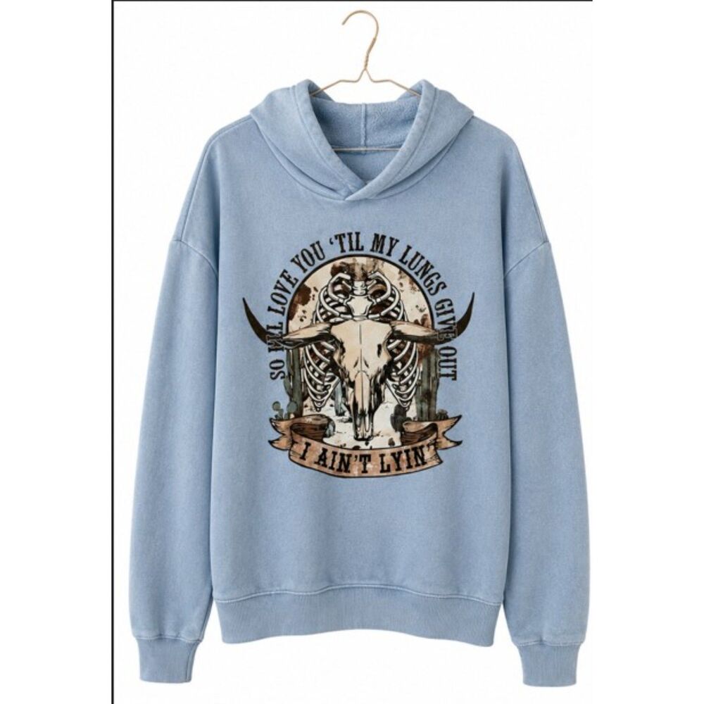 Dirty Looks Sweatshirt Cowgirl Western Cow Skull Concert Baby Blue Size Medium